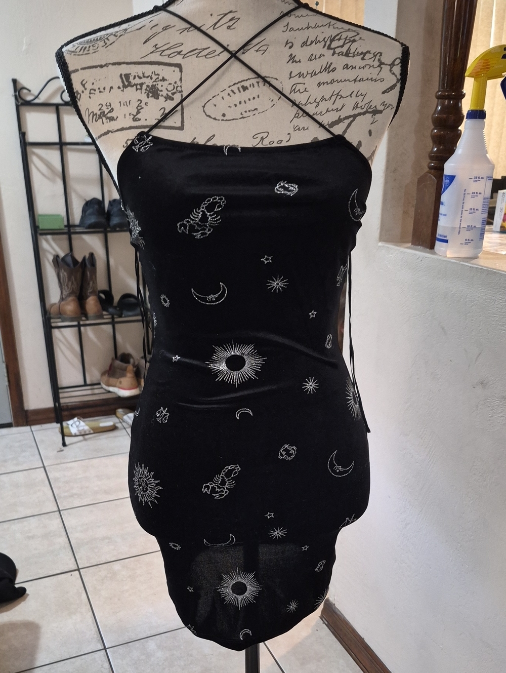Divided Black Celestial Print Slip Dress